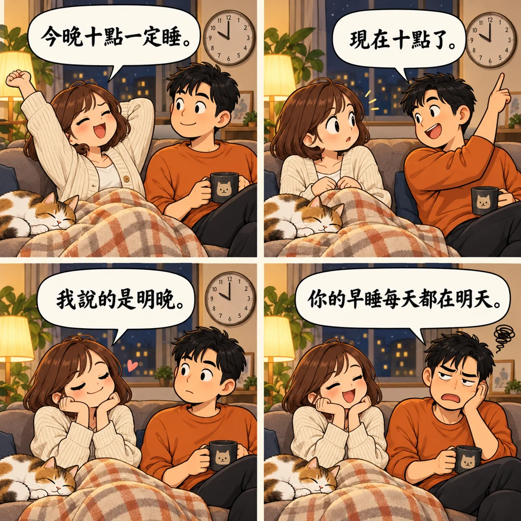 女子承諾今晚十點睡覺,到時間卻改口說是明晚。