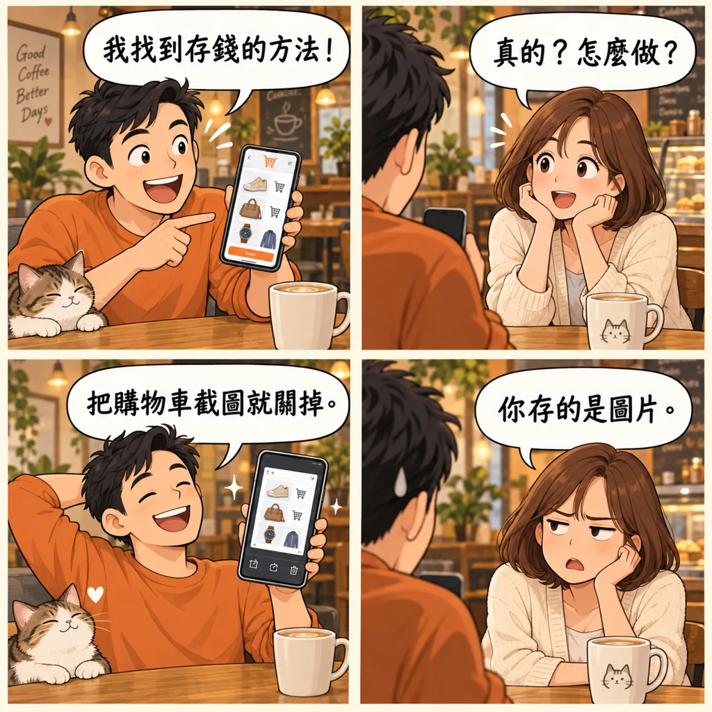 男子把購物車截圖稱為存錢,朋友指出他存的是圖片。