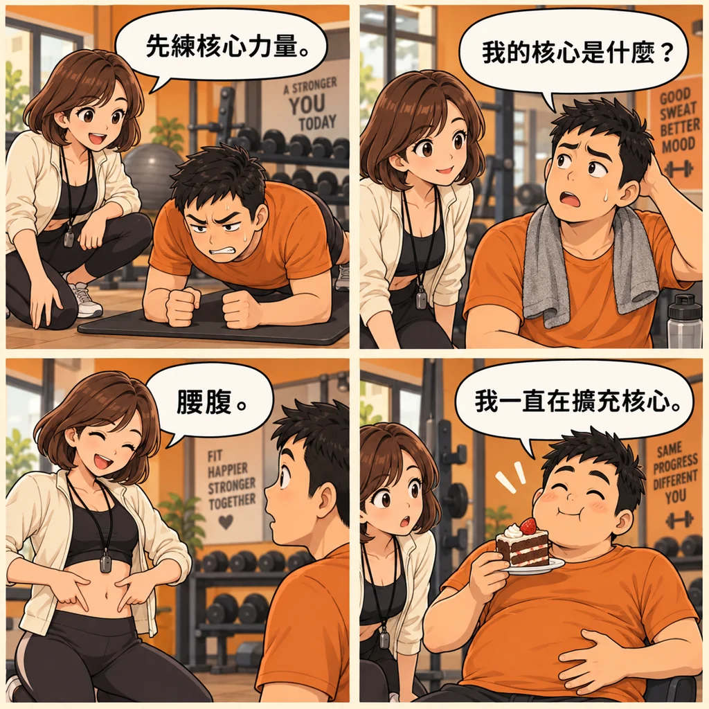 教練說要鍛鍊腰腹核心,男子拿著蛋糕說自己正在擴充核心。