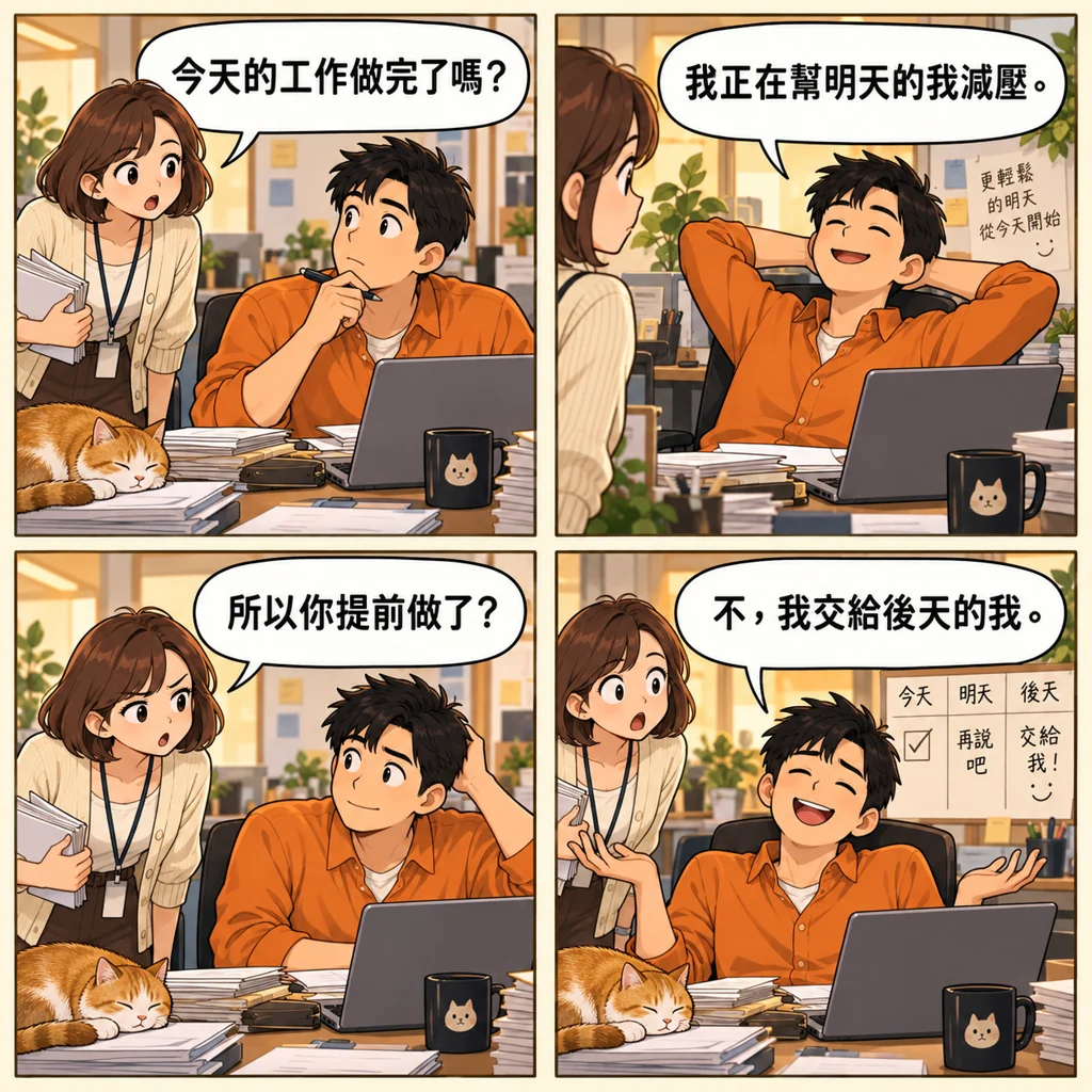 男子把今天的工作留給後天的自己,稱為替明天減壓。