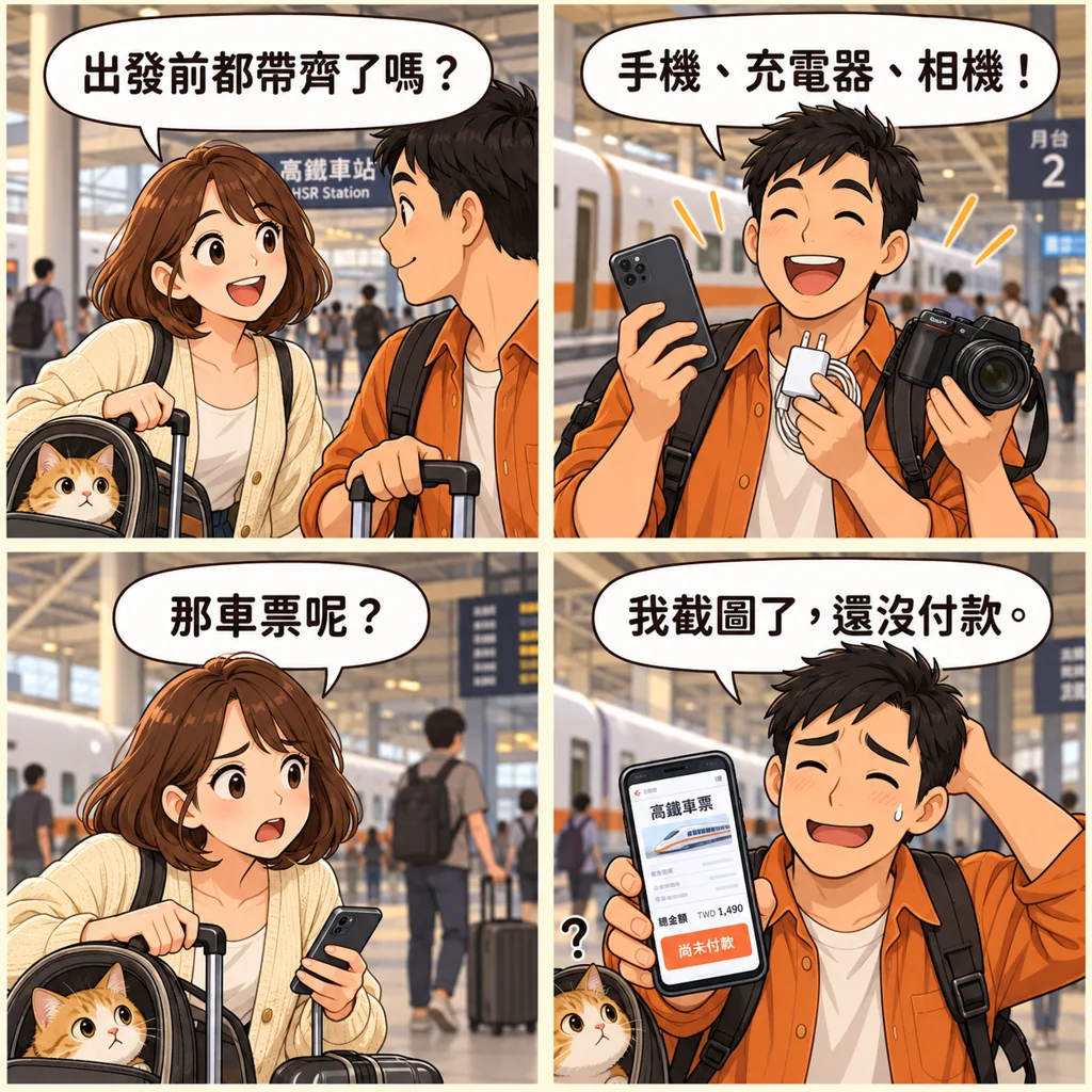 男子準備好了旅行用品,卻只有購票截圖而未付款。