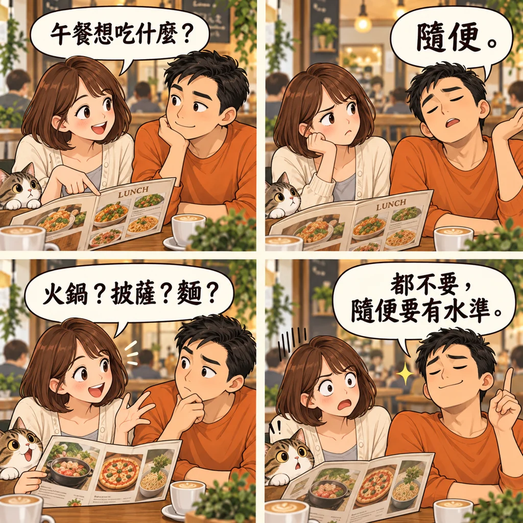 男子說午餐隨便,卻拒絕所有建議,要求隨便也要有水準。